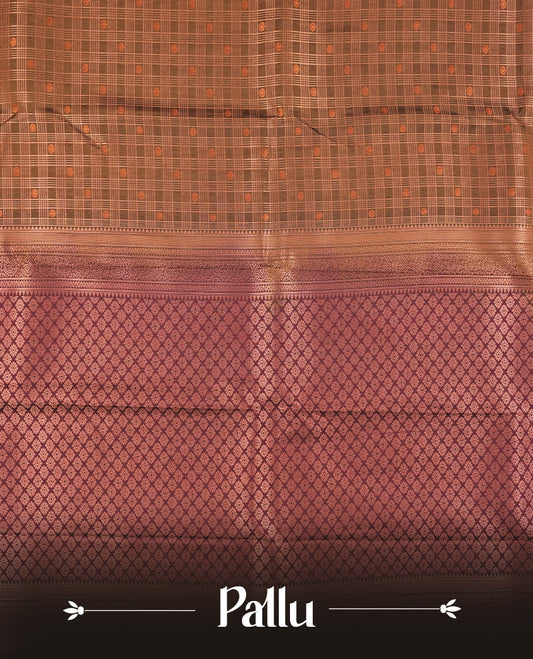 Olive brown colour Semi Silk Saree with copper zari checkered on the body, paired with a contrast burnt maroon colour pallu with copper zari traditioal border, and a matching blouse piece.