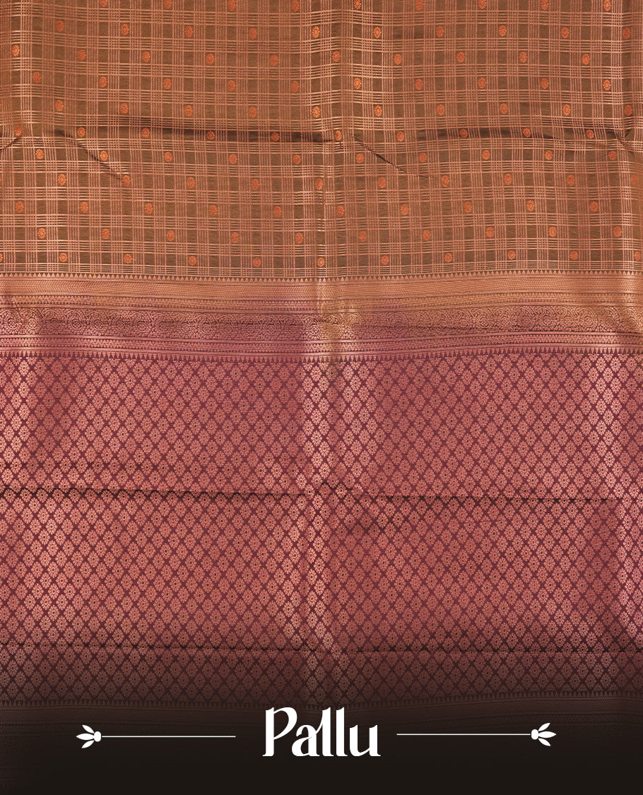 Olive brown colour Semi Silk Saree with copper zari checkered on the body, paired with a contrast burnt maroon colour pallu with copper zari traditioal border, and a matching blouse piece.