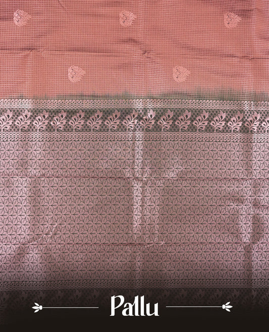 Rose taupe colour Semi Silk Saree with rose gold zari check pattern on the body, paired with a contrast Dark green colour pallu with rose gold zari traditioal border, and a matching blouse piece.