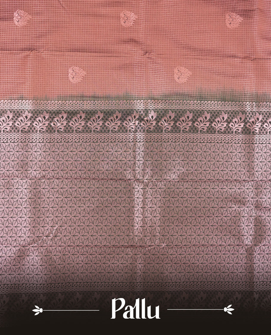 Rose taupe colour Semi Silk Saree with rose gold zari check pattern on the body, paired with a contrast Dark green colour pallu with rose gold zari traditioal border, and a matching blouse piece.