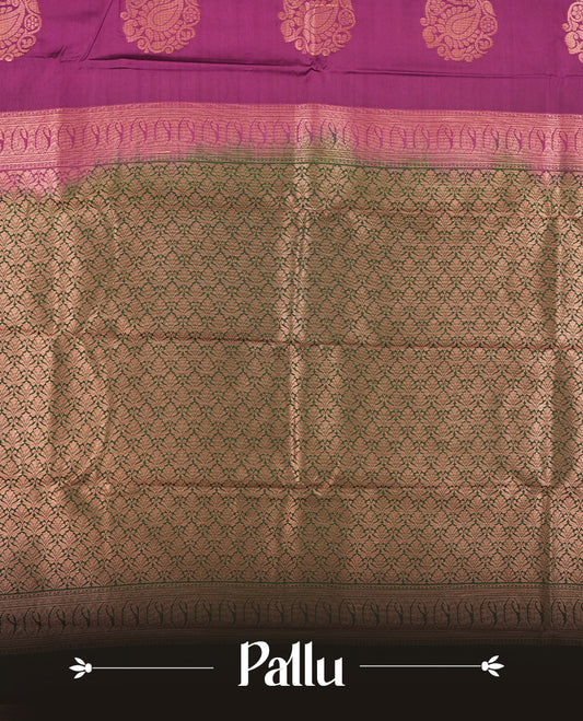Dark Purple colour Semi Silk Saree with gold zari motifs on the body, paired with a contrast Dark green colour pallu with gold zari traditioal border, and a matching blouse piece.