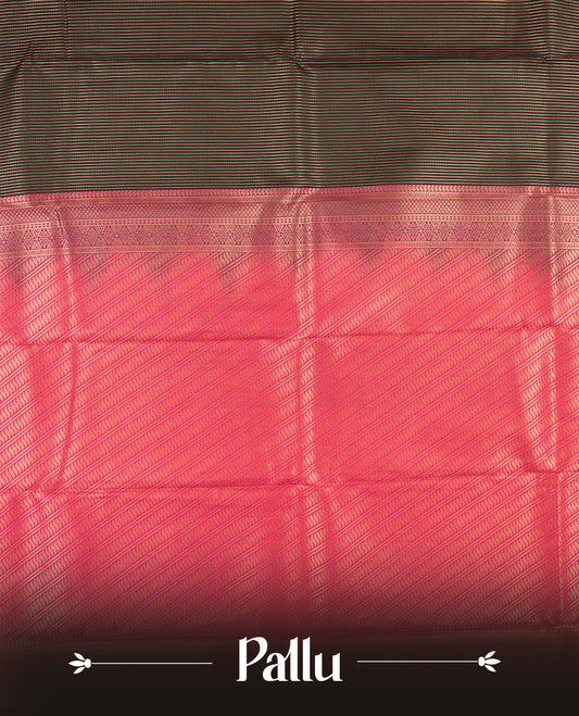 Dark green colour Semi Silk Saree with gold zari stripes on the body, paired with a contrast rani pink colour pallu with coppper zari traditioal border, and a matching blouse piece.