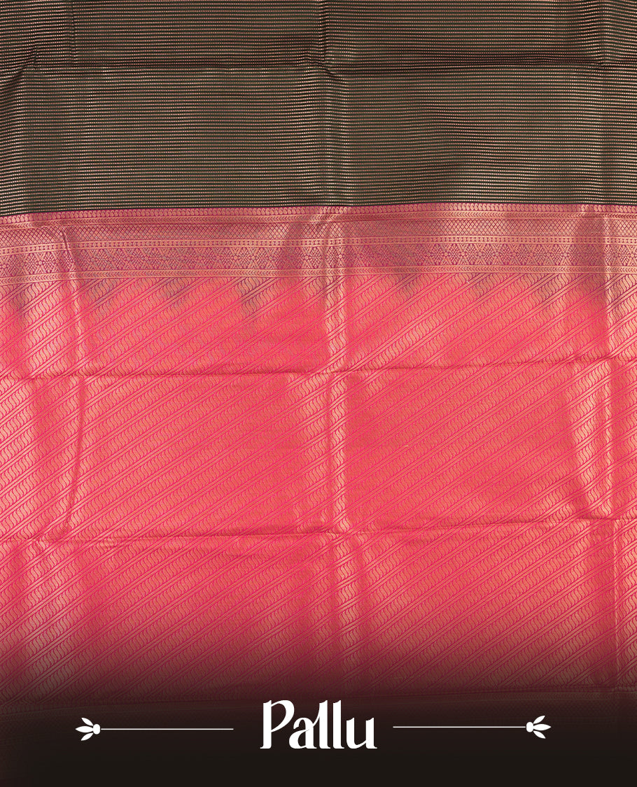 Dark green colour Semi Silk Saree with gold zari stripes on the body, paired with a contrast rani pink colour pallu with coppper zari traditioal border, and a matching blouse piece.