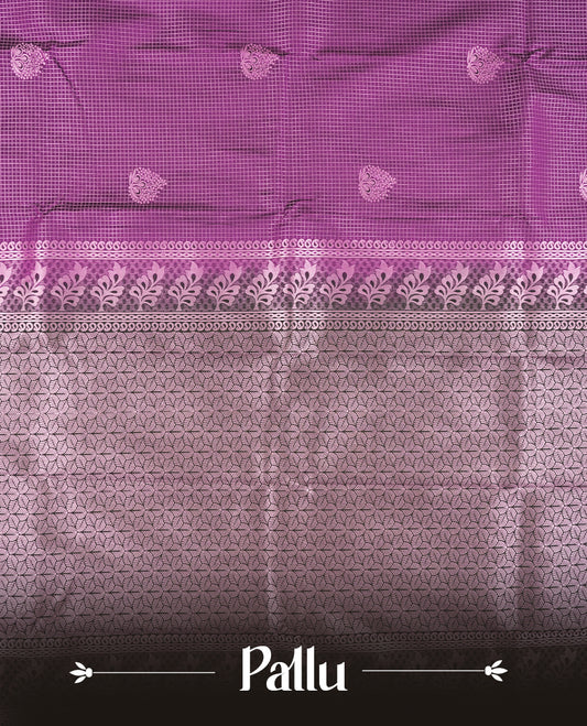 Purple colour Semi Silk Saree with rose gold zari checkered on the body, paired with a contrast Dark green colour pallu with Rose gold zari traditioal border, and a matching blouse piece.