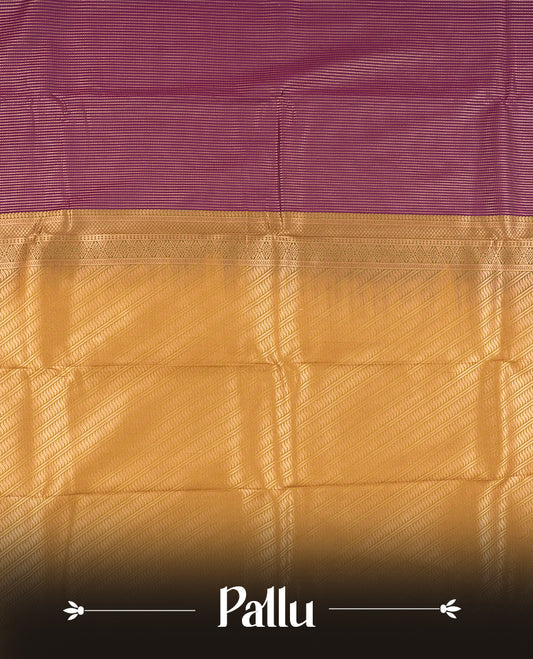 Dark Purple colour Semi Silk Saree with copper zari stripes on the body, paired with a contrast Khaki green colour pallu with copper zari traditioal border, and a matching blouse piece.