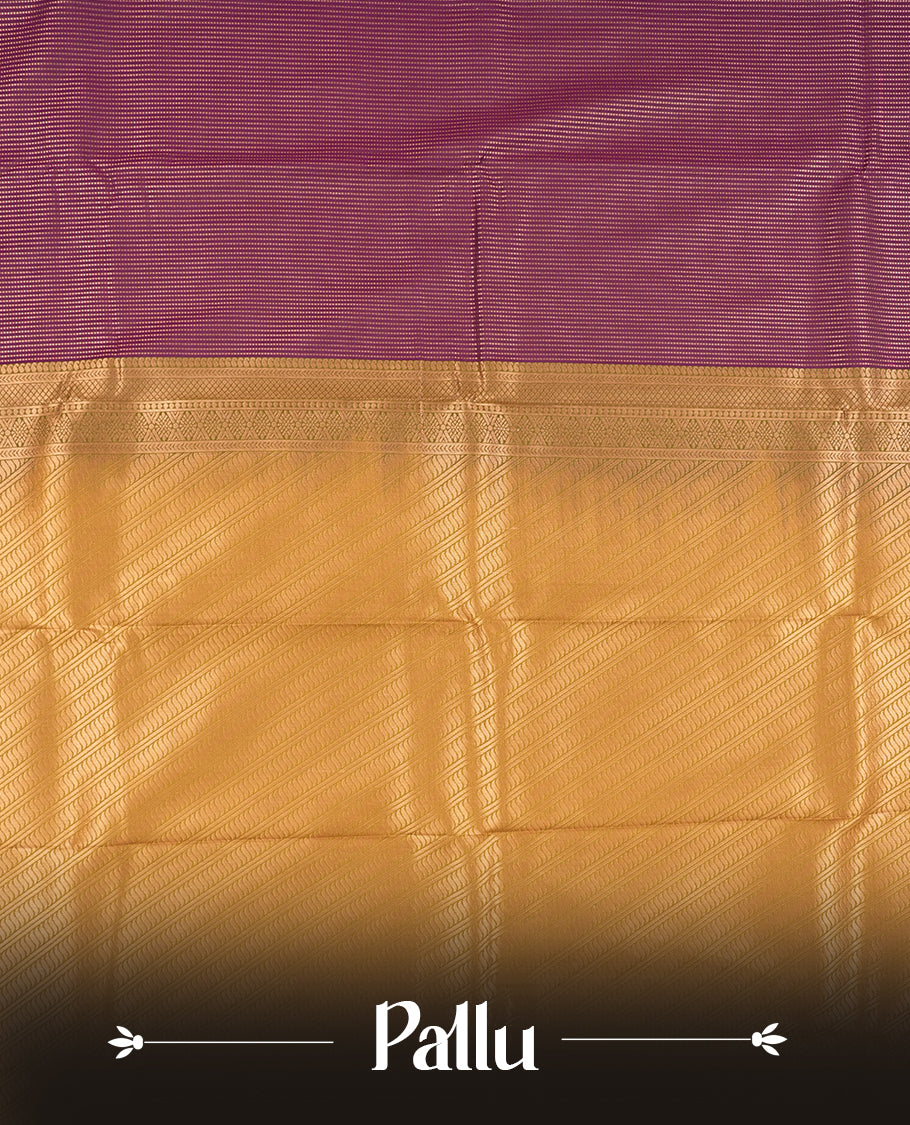 Dark Purple colour Semi Silk Saree with copper zari stripes on the body, paired with a contrast Khaki green colour pallu with copper zari traditioal border, and a matching blouse piece.