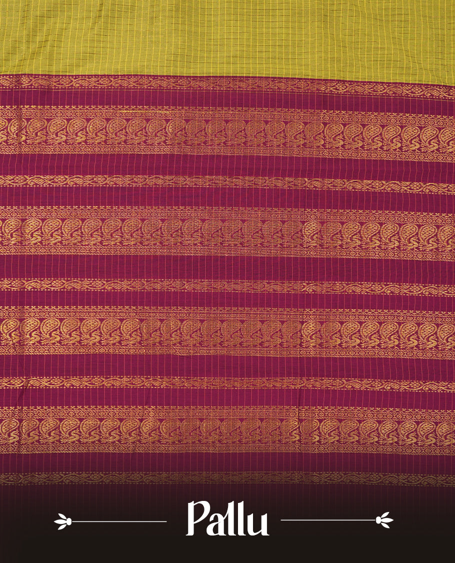 Yellow Green coloured mixed Kalyani cotton saree featuring golden zari checks on the body, complemented by a burgundy coloured border and pallu adorned with golden zari patterns, Paired with a matching blouse.