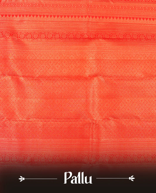 Bright red colour Kanchipuram Samudrika Silk Saree featuring Floral kodi  strip pattern weaving with gold zari jacquard and a traditional zari border, paired with a matching designer jacquard blouse piece