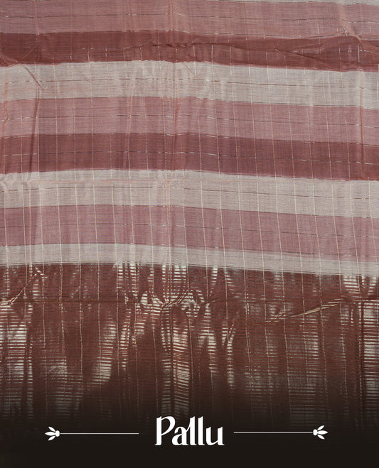 Muted brown chanderi cotton saree with checkered striped body, brown pallu featuring silver zari border, and matching checkered blouse.