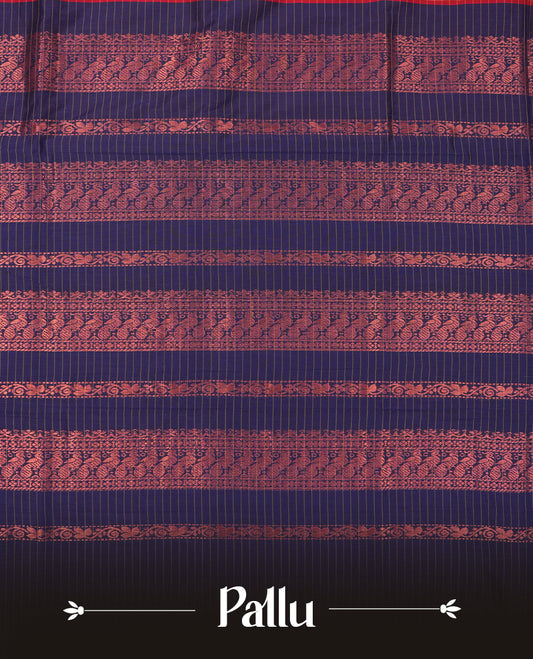 Dark Red coloured mixed Kalyani cotton saree featuring copper zari checks on the body, complemented by a Navy Blue coloured border and pallu adorned with copper zari patterns, Paired with a matching blouse.