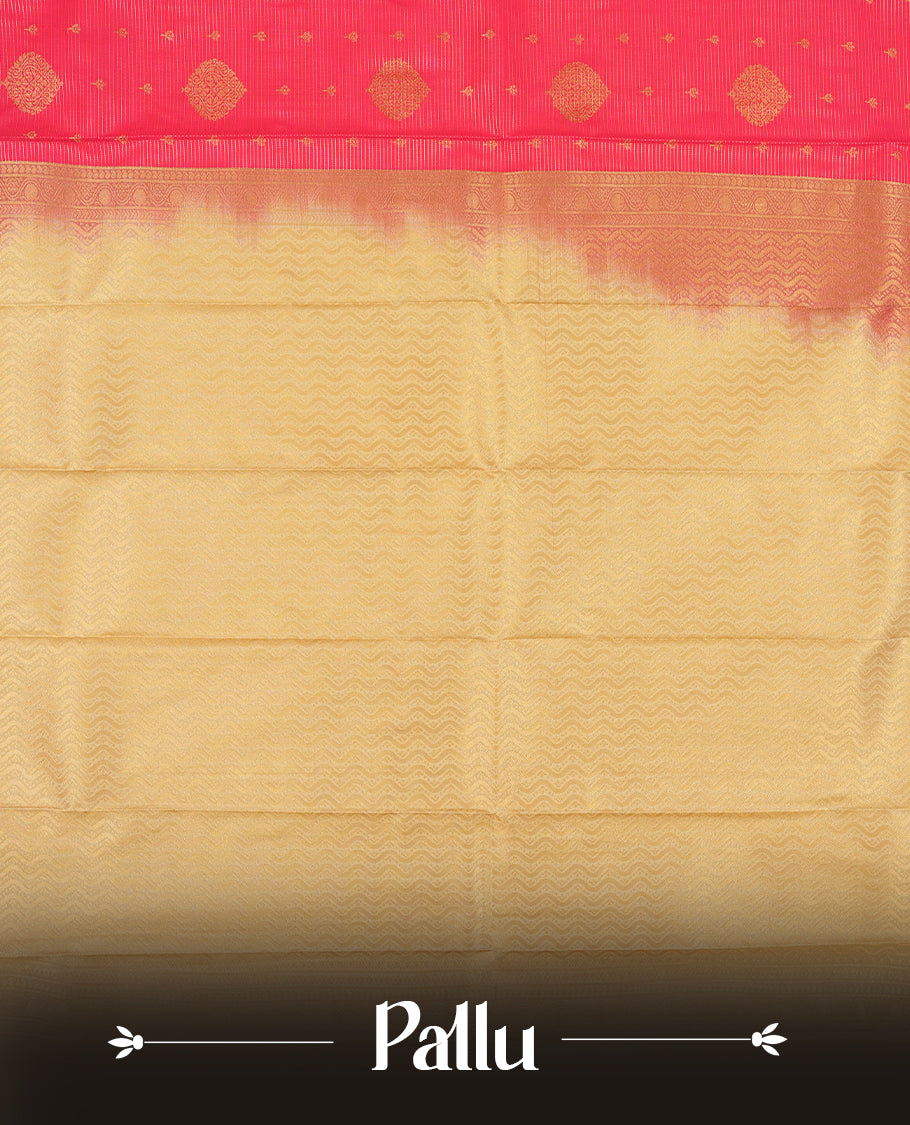 Coral Pink Colour Semi Silk Saree with Golden Diamond Butta Motifs, Self Coloured Golden Zari Pallu & Border, Chevron Patterns, and Matching Blouse Piece