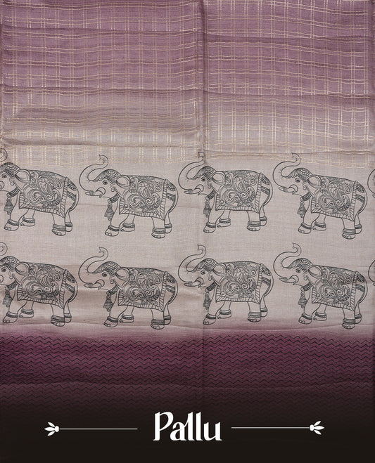 Purple colour semi tusser silk saree featuring Gold zari check pattern across body, faded contrast cream colour border with elephant print and paired with matching blouse.