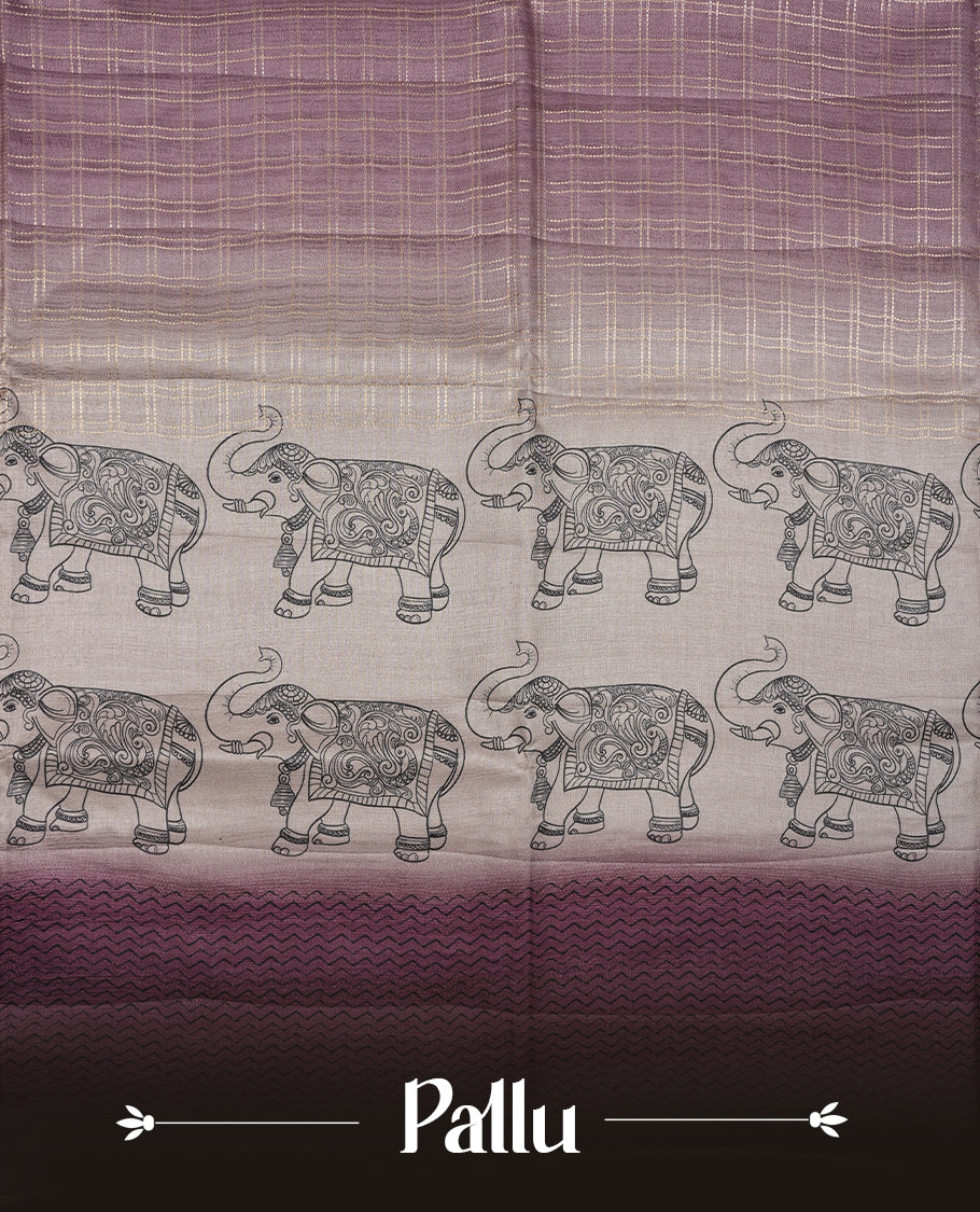 Purple colour semi tusser silk saree featuring Gold zari check pattern across body, faded contrast cream colour border with elephant print and paired with matching blouse.