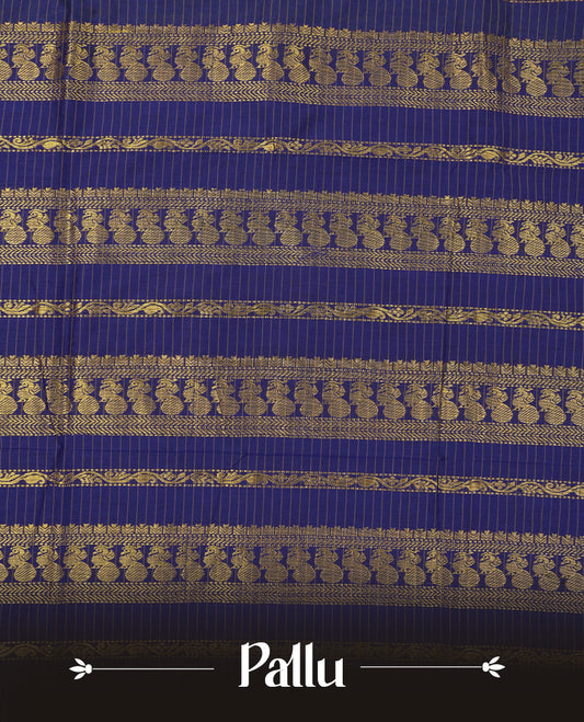 Lime Green coloured mixed Kalyani cotton saree featuring golden zari checks on the body, complemented by a royal blue coloured border and pallu adorned with golden zari patterns, Paired with a matching blouse.