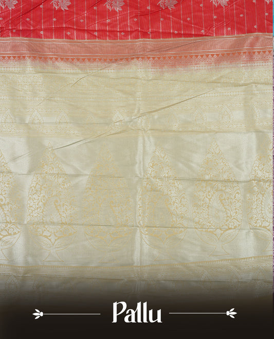 Red colour Semi Silk Saree with silver zari  patterns on the body, paired with a contrasting cream colour traditional pallu and border, and a matching blouse piece.
