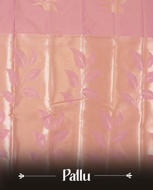 Dusty Rose Semi Silk Saree with Rose Gold Satin-Finish Pallu Featuring Bold Leaf Motifs, Geometric Zari Edging and Tassels, Paired with Coordinated Blouse Piece