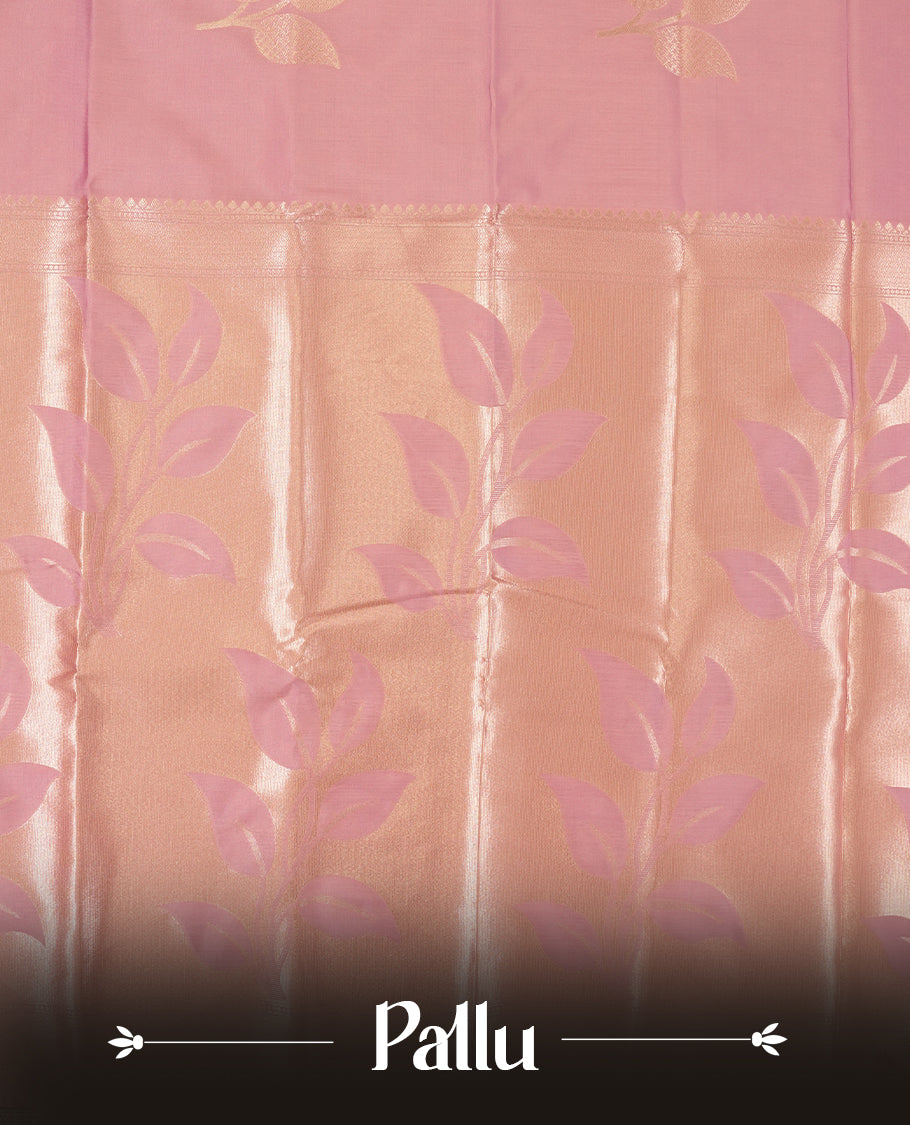 Dusty Rose Semi Silk Saree with Rose Gold Satin-Finish Pallu Featuring Bold Leaf Motifs, Geometric Zari Edging and Tassels, Paired with Coordinated Blouse Piece