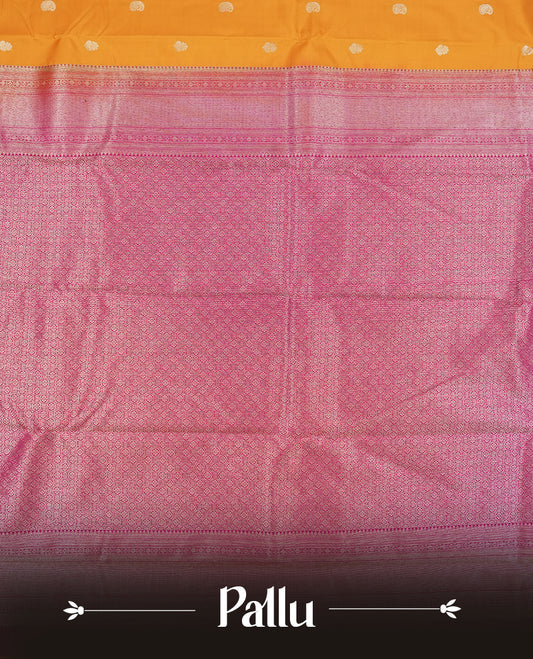 Mustard yellow colour semi soft silk saree featuring a gold coloured textured patterned body, complemented by contrast maroon golden traditional motifes on pallu & border and a matching blouse piece.