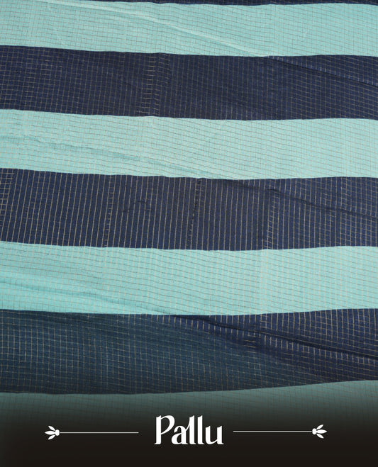 Navy Blue colour saree featuring fine check patterns on the body, paired with a Aqua Blue zari woven border and pallu. Comes with a matching blouse piece