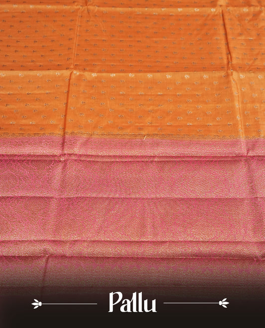 Copper toned colour pure banarasi tussar saree adorned with subtle silver zari motifs all over, complemented by a rich contrast magenta Banarasi border & Comes with a matching blouse piece.