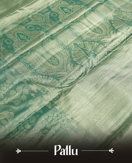 Saffron colour and Antique gold Zari Tissue Brocade Saree features intricate floral Motifs on body and fancy border & pallu with floral patterns, paired with matching blouse