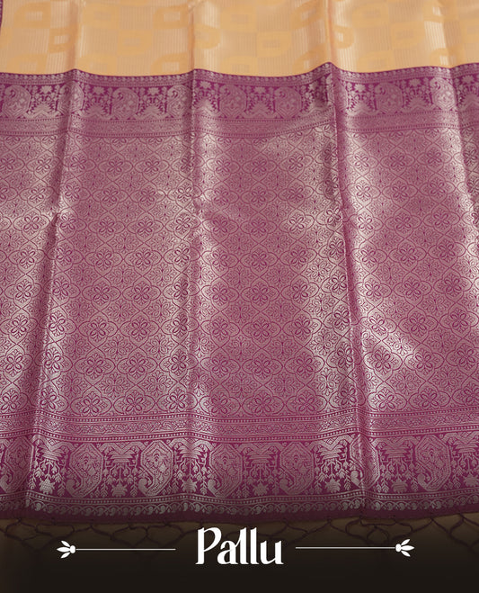 Golden Peach Colour Silk Saree with Self-Checked Geometric Patterns, Contrasting Magenta Zari Woven Pallu and Border Featuring Intricate Floral Motifs and Tassels, Paired with Matching Blouse Piece