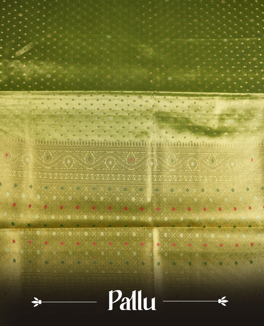 Green & Gold double shade colour tissue banaras silk saree featuring antique gold zari motifs on the body with rich traditional zari border and pallu, paired with a matching blouse piece.