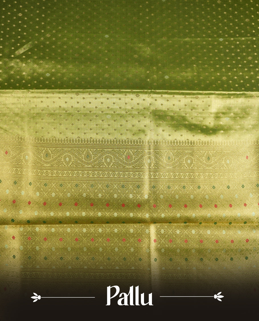 Green & Gold double shade colour tissue banaras silk saree featuring antique gold zari motifs on the body with rich traditional zari border and pallu, paired with a matching blouse piece.