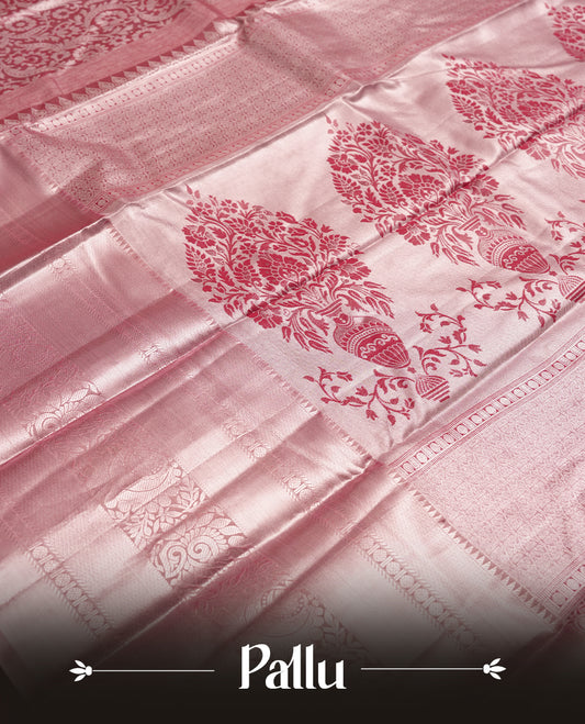 Soft red colour and Antique silver Zari Tissue Brocade Saree features intricate floral Motifs on body and traditional border & pallu with floral patterns, paired with matching blouse