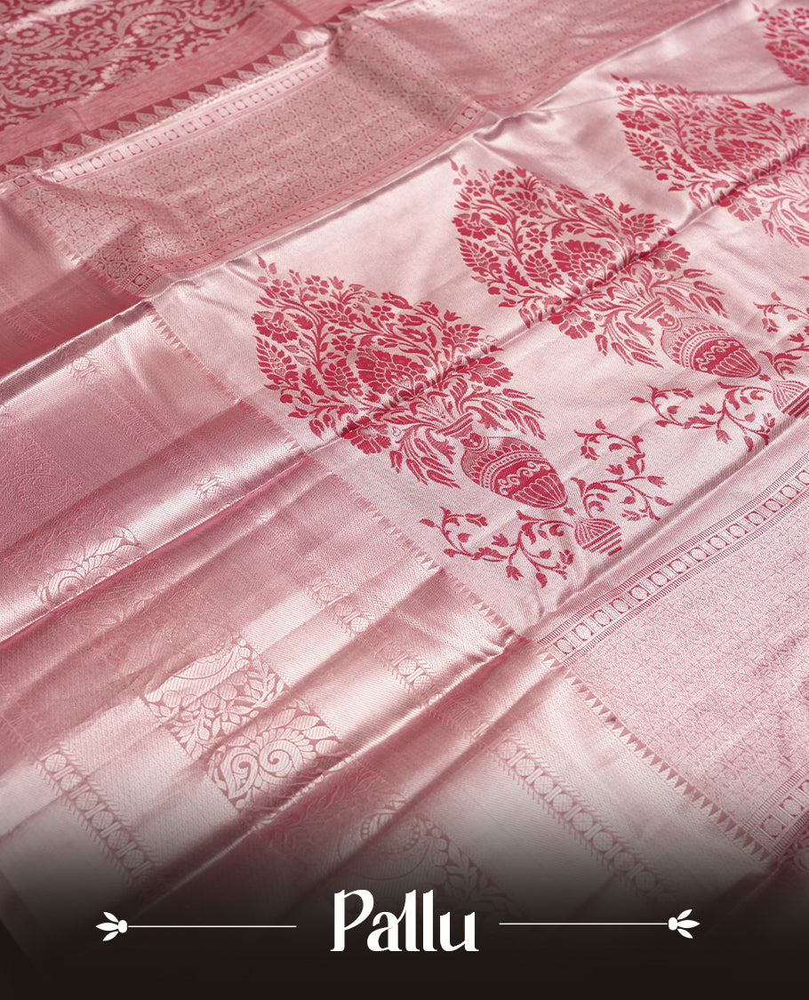 Soft red colour and Antique silver Zari Tissue Brocade Saree features intricate floral Motifs on body and traditional border & pallu with floral patterns, paired with matching blouse