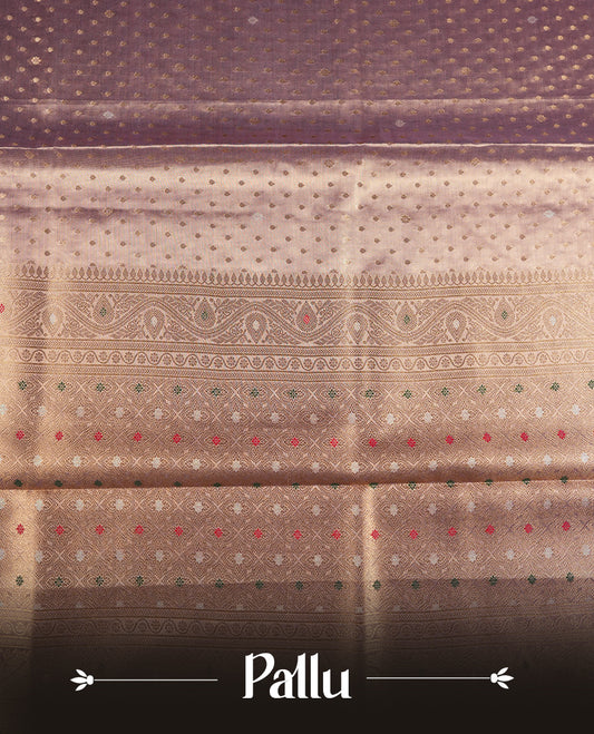 Gold & lavender colour tissue banaras silk saree featuring antique gold zari motifs on the body with rich traditional zari border and pallu, paired with a matching blouse piece.