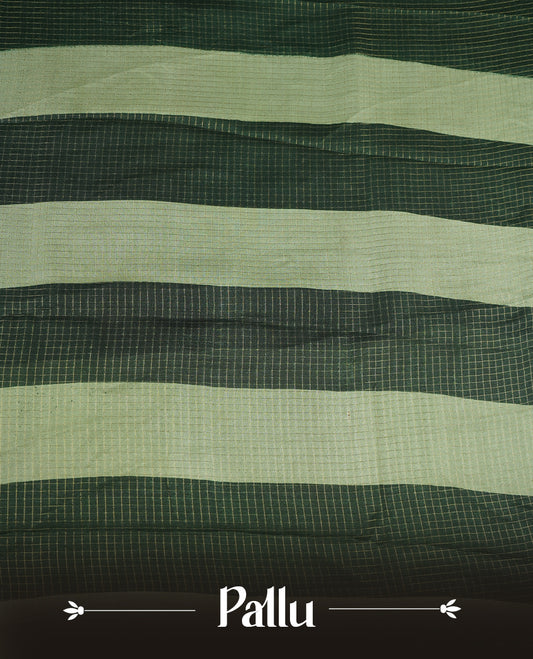 Dark green colour saree featuring fine check patterns on the body, paired with contrast Light green colour zari woven border and pallu. Comes with a matching blouse piece