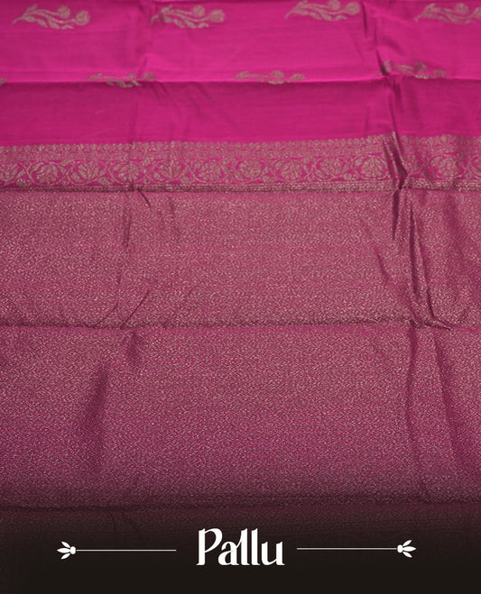 Grape Purple Colour Silk Cotton Saree with Dark Silver Floral Butta Body, Contrasting Dark Silver Zari Pallu & Border, Floral Vine Motifs, and Matching Plain Woven Blouse Piece