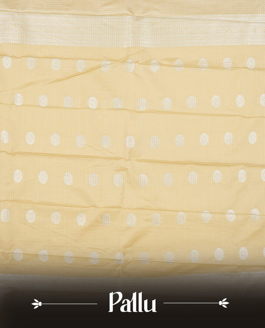 Vanilla Cream Colour Semi Silk Saree with Silver Circular Butta Motifs, Self Coloured Silver Zari Pallu & Border, Subtle Checked Body, and Matching Blouse Piece