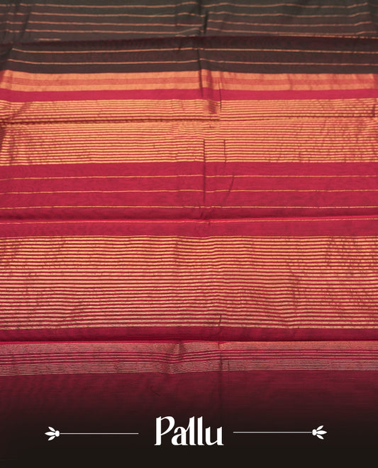 Black Colour Silk Cotton Saree with Gold Striped Body, Accented by Red and Gold Zari Striped Pallu, Paired with Matching Blouse Piece