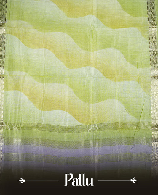 Pastel yellow green colour mixed chanderi cotton saree with wavy body, golden zari border, lavender-gray border accents, and matching blouse.