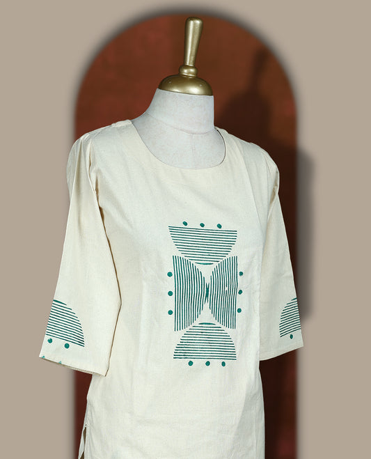 Cream colour cotton co-ord set featuring with green geometric prints and polka dots & comes with matching bottom.