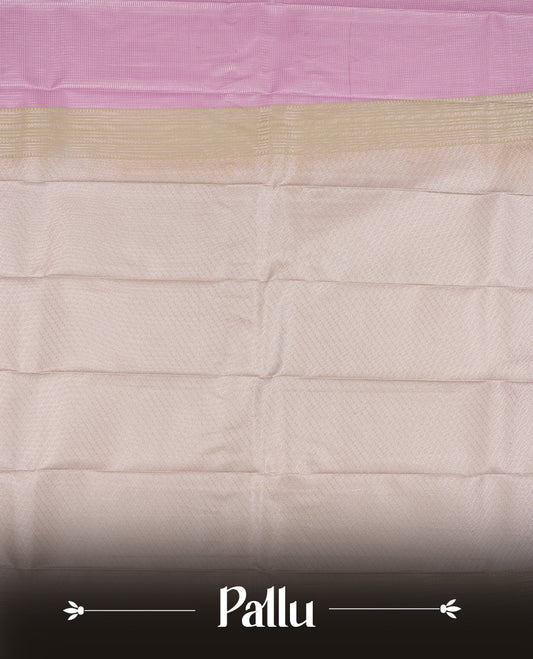 Lavender colour Semi Silk Saree with silver zari striped patterns on the body, paired with a contrasting light gray colour traditional pallu and border, and a matching blouse piece.