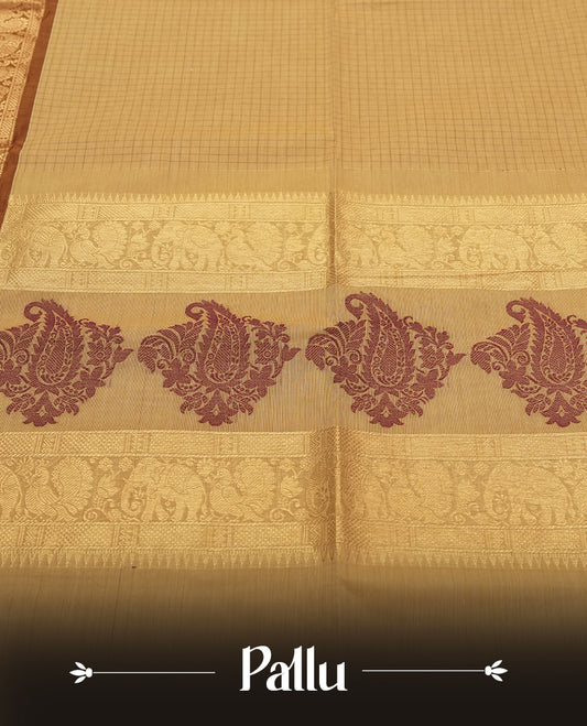 Gold Colour Silk Cotton Saree with Striped Body, Accented by Brown and Gold Zari Border with Elephant and Paisley Motifs on Pallu, Paired with Matching Blouse Piece
