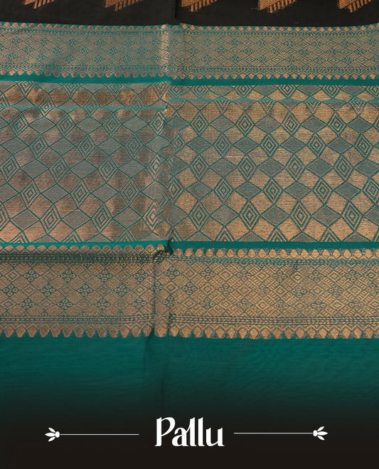 Black colour soft silk cotton saree adorned with copper zari motifs and a shimmering copper zari border, Enhanced by a beautifully rich teal colour woven pallu & Comes with a matching blouse piece for a complete look.