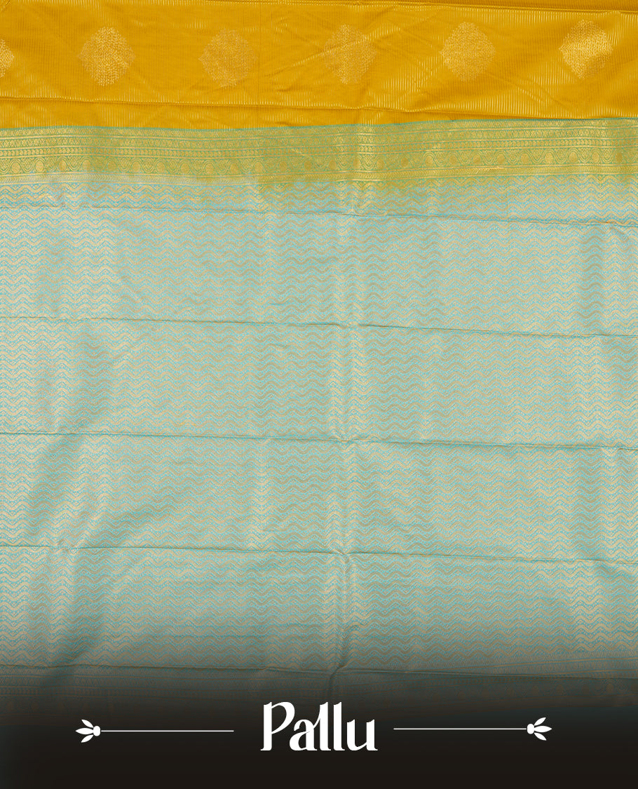 Yellow Semi Silk Saree featuring gold zari motifs on the body, contrasted with a light blue and gold zari pallu and border adorned with traditional motifs, paired with a matching blouse piece.
