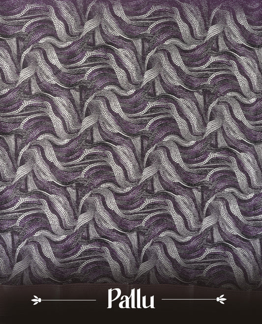 Plum Purple Semi Silk Saree with Silver Circular Buttas, Multitone Textured Wavy Pallu with Satin Zari Edge and Tassels, Paired with Coordinated Blouse Piece