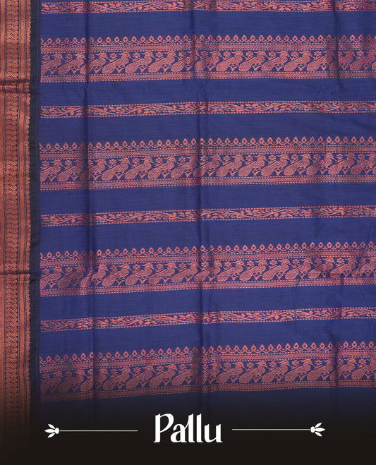 Grey colour Kalyani Cotton saree with woven zari royal blue floral motifs all over, paired with a contrasting royal blue border, floral & birds work on pallu intricately woven with rich copper zari & Comes with a matching blouse piece.