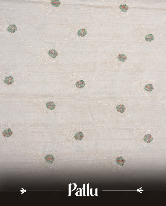 Cream colour semi tuseer silk saree featuring with Self colour thread embroidery kodi pattern & green colour floral thread motifs all over body, pallu, and paired with matching blouse piece.