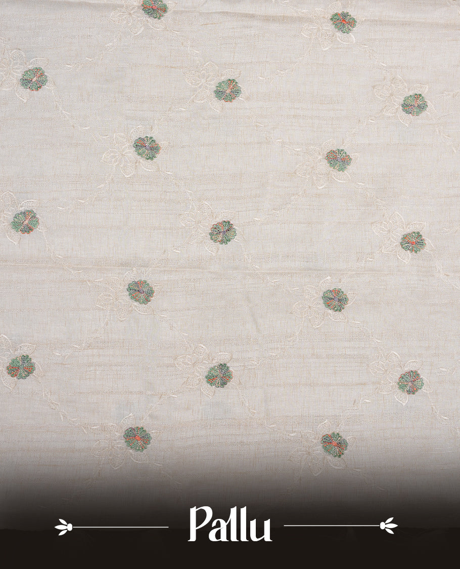 Cream colour semi tuseer silk saree featuring with Self colour thread embroidery kodi pattern & green colour floral thread motifs all over body, pallu, and paired with matching blouse piece.