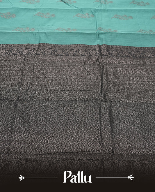 Dark Teal Green Colour Silk Cotton Saree with Dark Silver Floral Butta Body, Contrasting Dark Silver Zari Pallu & Border, Floral Vine Motifs, and Matching Plain Woven Blouse Piece