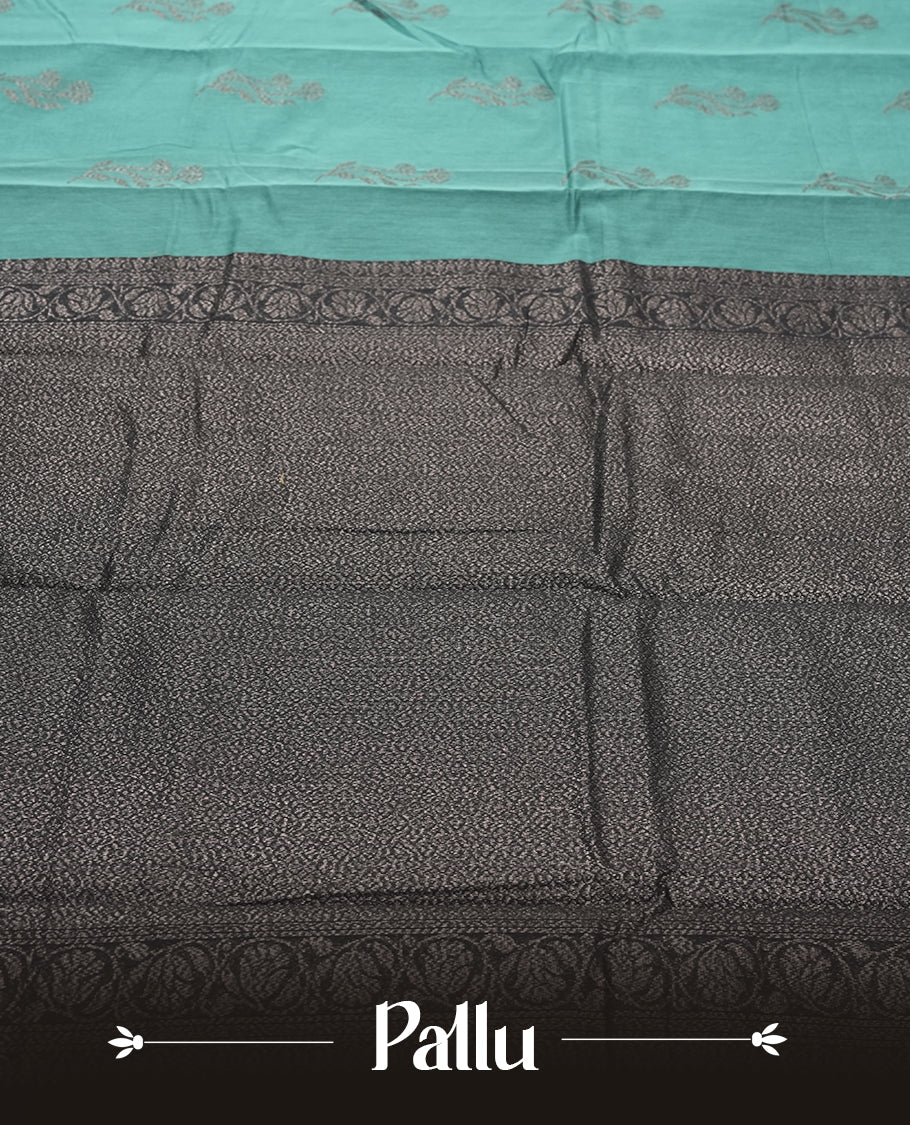 Dark Teal Green Colour Silk Cotton Saree with Dark Silver Floral Butta Body, Contrasting Dark Silver Zari Pallu & Border, Floral Vine Motifs, and Matching Plain Woven Blouse Piece