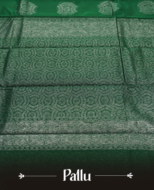 Dark Green Silk Cotton Saree with Silver Butta Body, Accented by Silver Zari Ornamental Border on Grand Pallu, Paired with Matching Blouse Piece