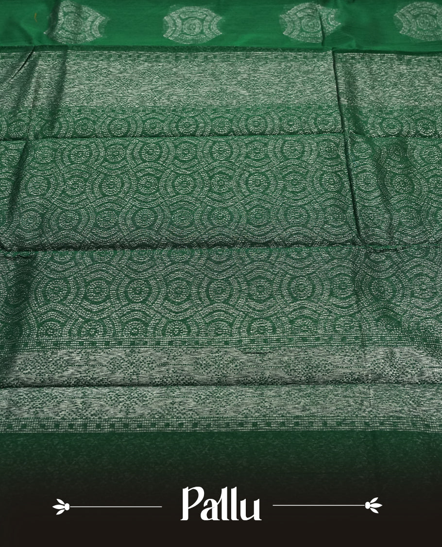 Dark Green Silk Cotton Saree with Silver Butta Body, Accented by Silver Zari Ornamental Border on Grand Pallu, Paired with Matching Blouse Piece