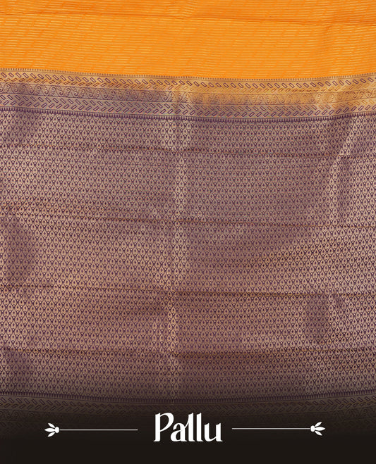 Marigold colour Semi Silk Saree with gold zari striped patterns on the body with self coloured border, paired with a contrasting dark purple colour traditional pallu, and a matching blouse piece.